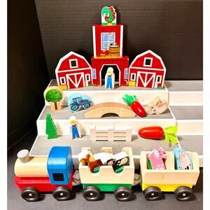 Melissa & Doug wooden farm train & farm barn blocks farmer animals